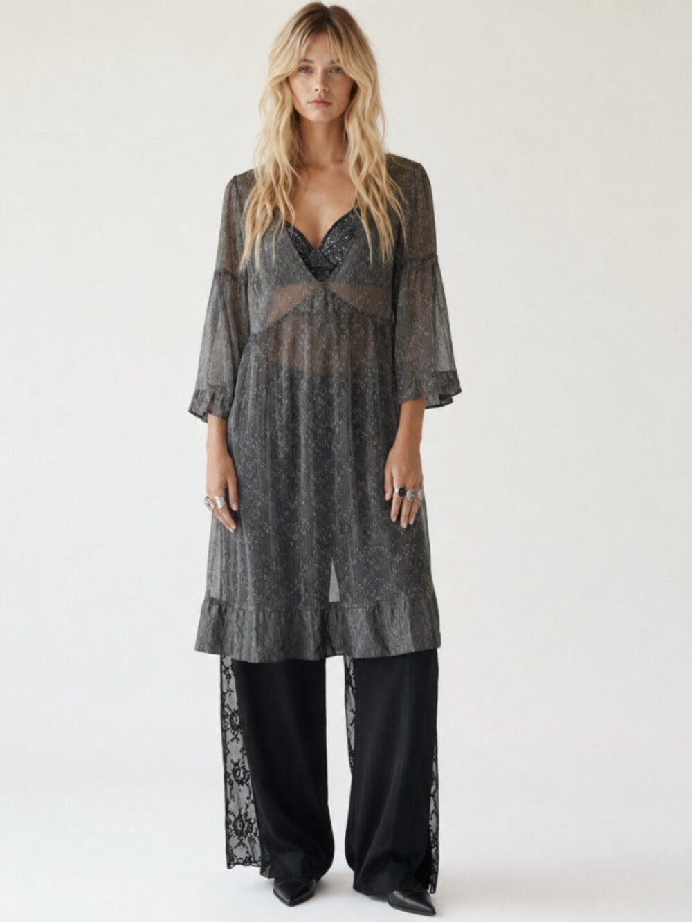 Dark Romance Boho Chic Sheer Gray Crinkled Silk Dress Deep V Ruffle Hem